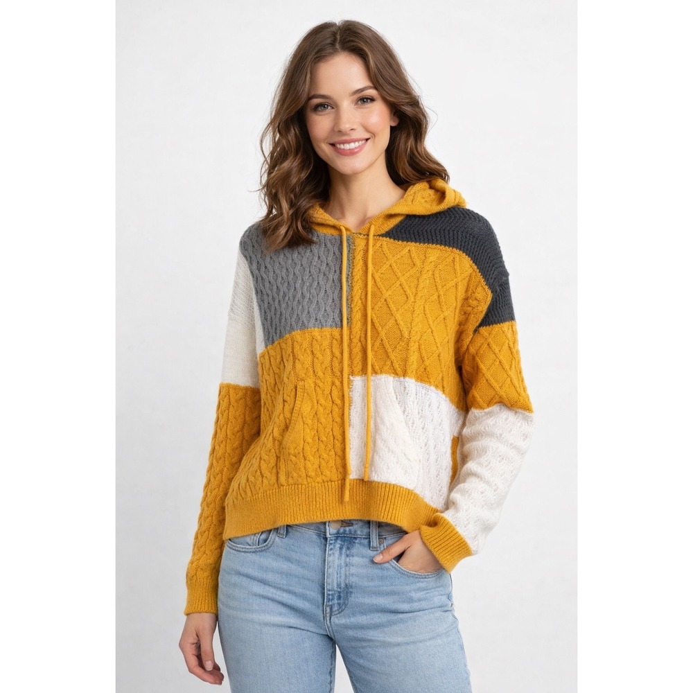 POL Chunky Cable Knit Colorblock Sweater Women Small Hoodedā Yellow White Twee